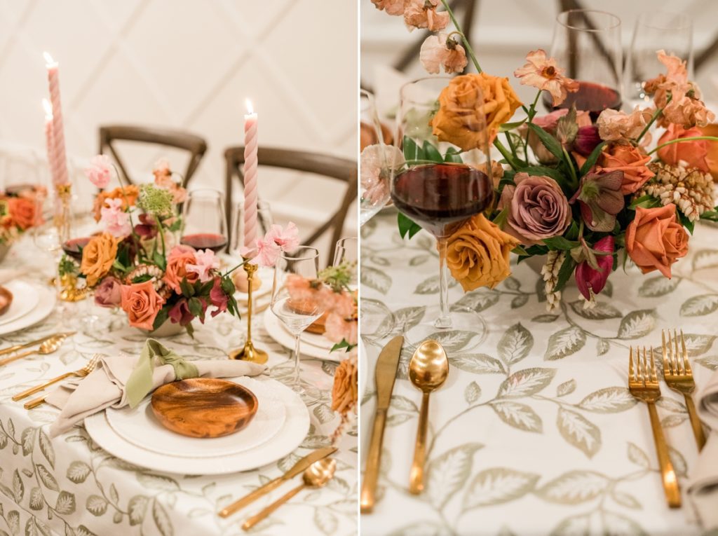 Collage of orange and pink table decor at Blandwood Carriage House