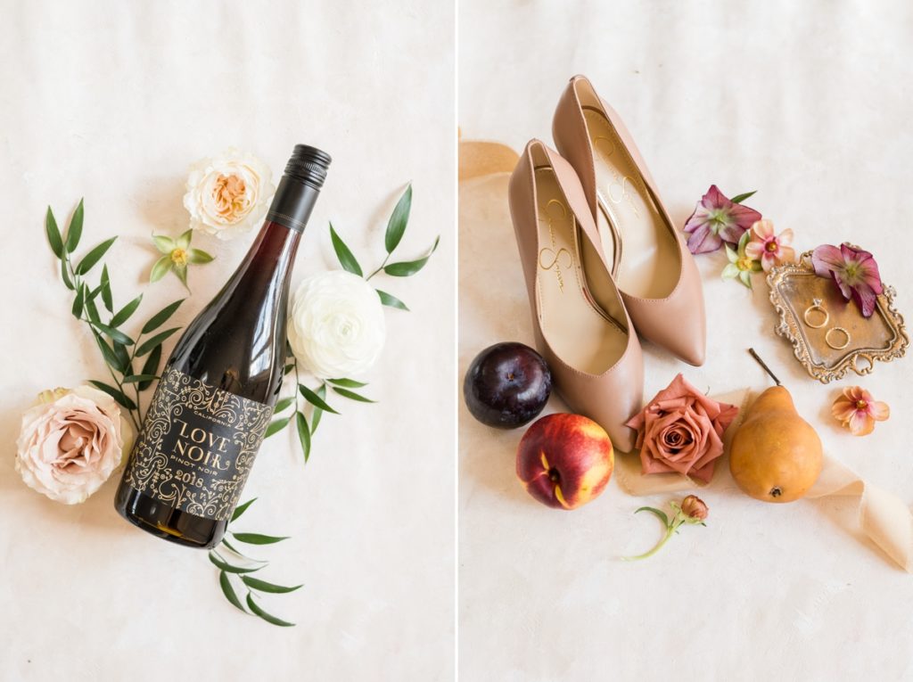 Collage of detail photos of a red wine bottle and florals and nude wedding shoes with fruits and the engagement rings