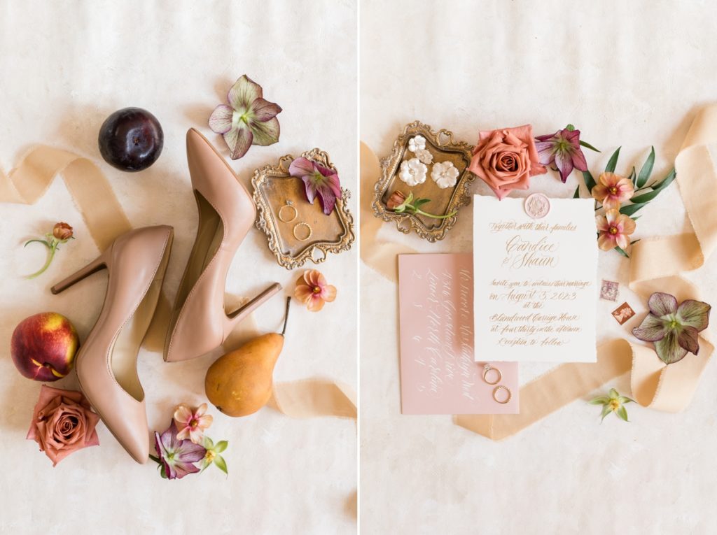 Collage of detail photos of the nude wedding shoes and the blush wedding invitation suite.