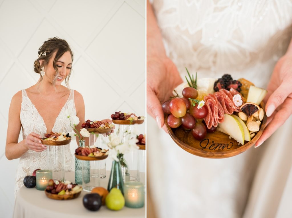Collage of a woman smiling as she is at a grazing table and a detail photo of a hand carved plate from The Gather and Graze Co