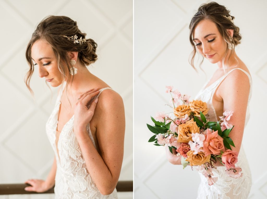 Collage of the bride with her hand softly placed on the strap of her wedding gown while she looks down and the bride smiling softly at the bouquet in her arms.