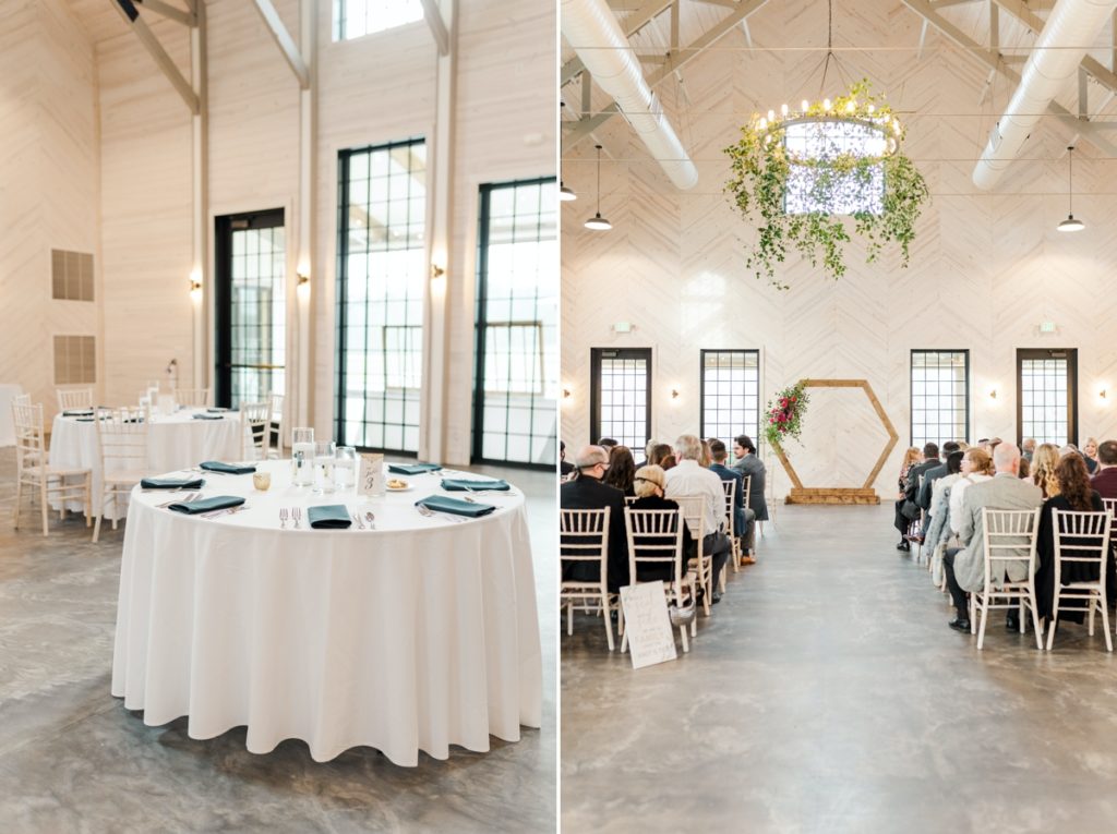 Collage of a white and blue reception and a floral covered altar arch at Board and Batten in Lexington, NC