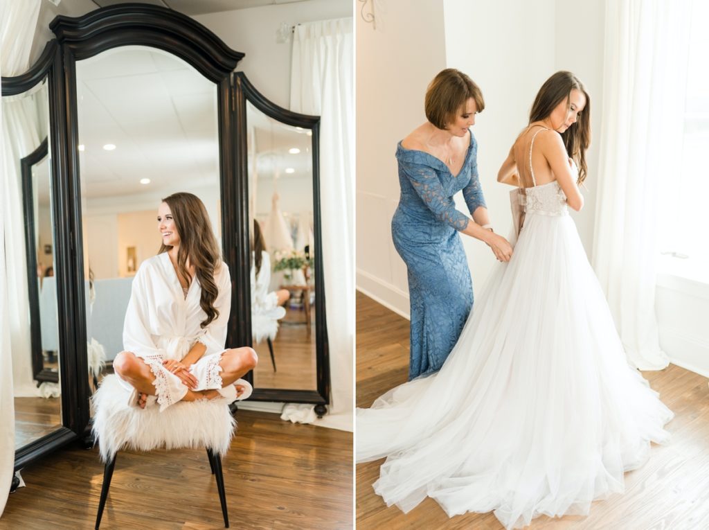 Collage of a bride sitting on a fuzzy stool in front of a mirror at Childress Vineyards and the mother of the bride helping her into her wedding gown.