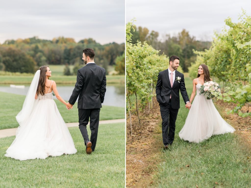 Collage of a bride and groom walking hand in hand toward a pond and them walking hand in hand through Childress Vineyards.