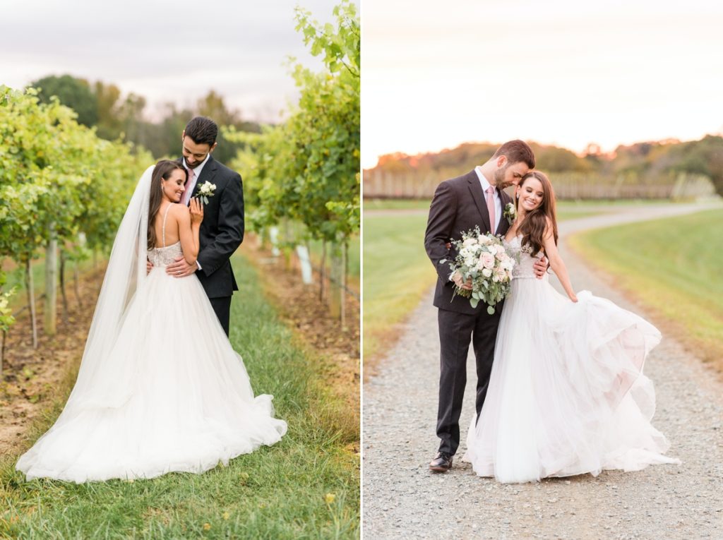Collage of a bride snuggled in to her groom's chest and the bride looking over her shoulder holding her dress while her groom nuzzles her at Childress Vineyards.