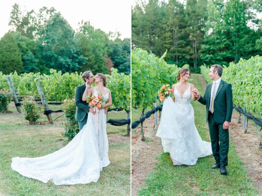 Collage of a bride standing with her back to her groom's chest while she turns around and kisses his and the bride and groom walking hand in hand looking at each other through the vines at Curran Alexander Vineyards.