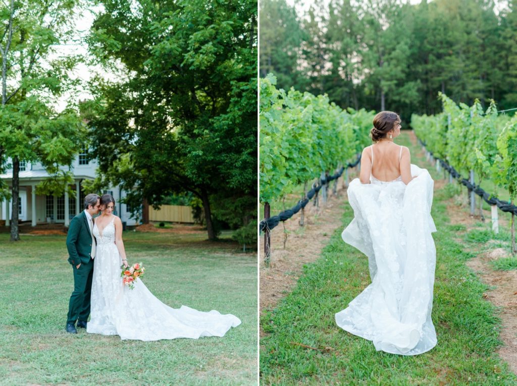 Collage of a groom nuzzling his bride in front of the house and the bride running through the vines at Curran Alexander Vineyards.