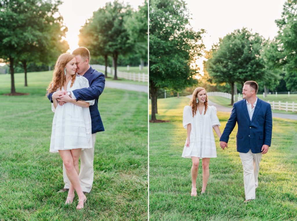 Collage of a man hugging his fiance from behind and the couple walking hand in hand through a field during their engagement session