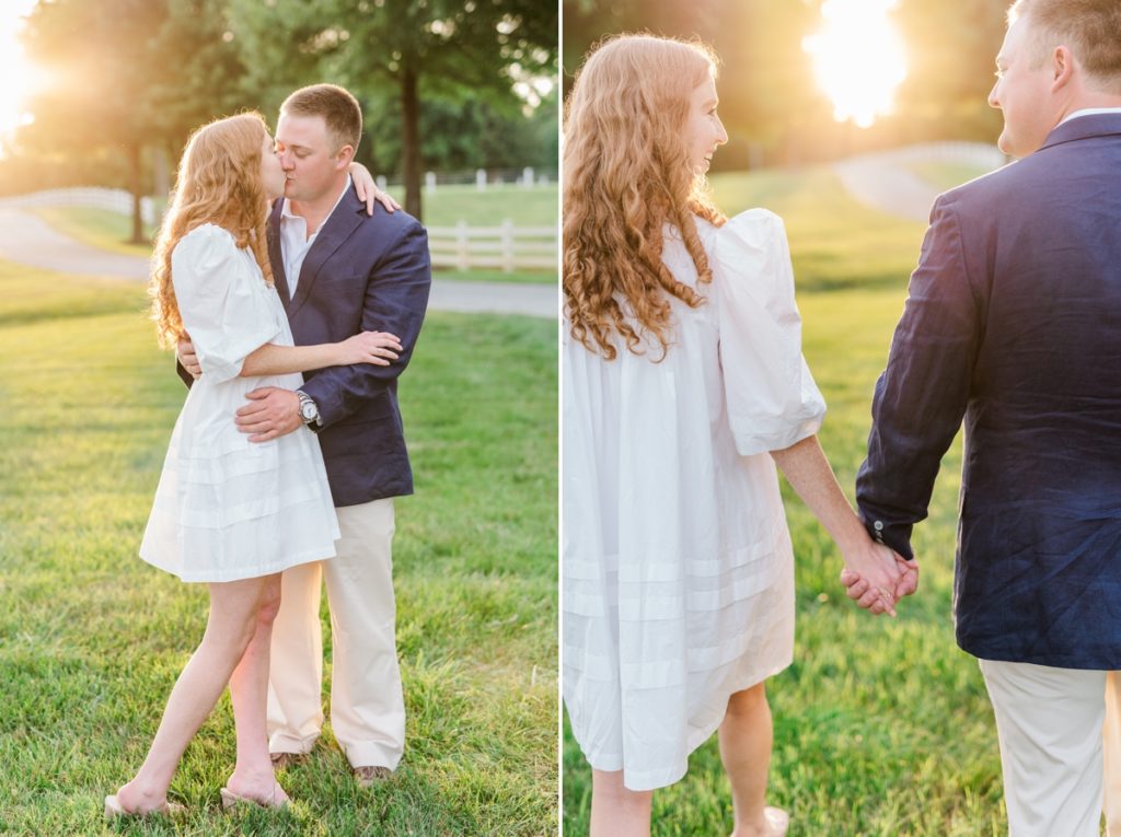 Collage of a couple kissing during golden hour and them holding hands walking away from the camera during their engagement session.