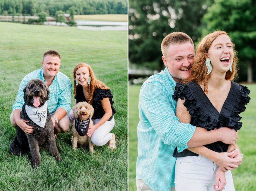 Collage of a couple kneeling in a field with their two dogs and a man hugging his fiance from behind as she laughs.