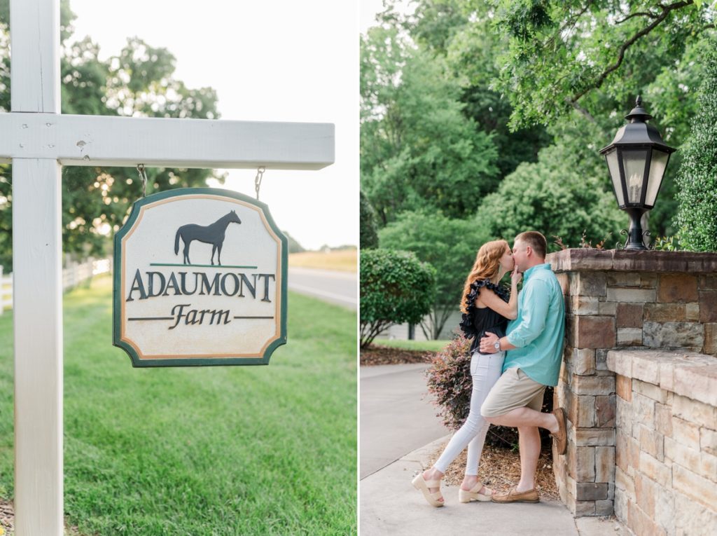 Collage of a sign for Adaumont Farm and a couple kissing as they lean against a column at the entrance to the farm during their engagement session.