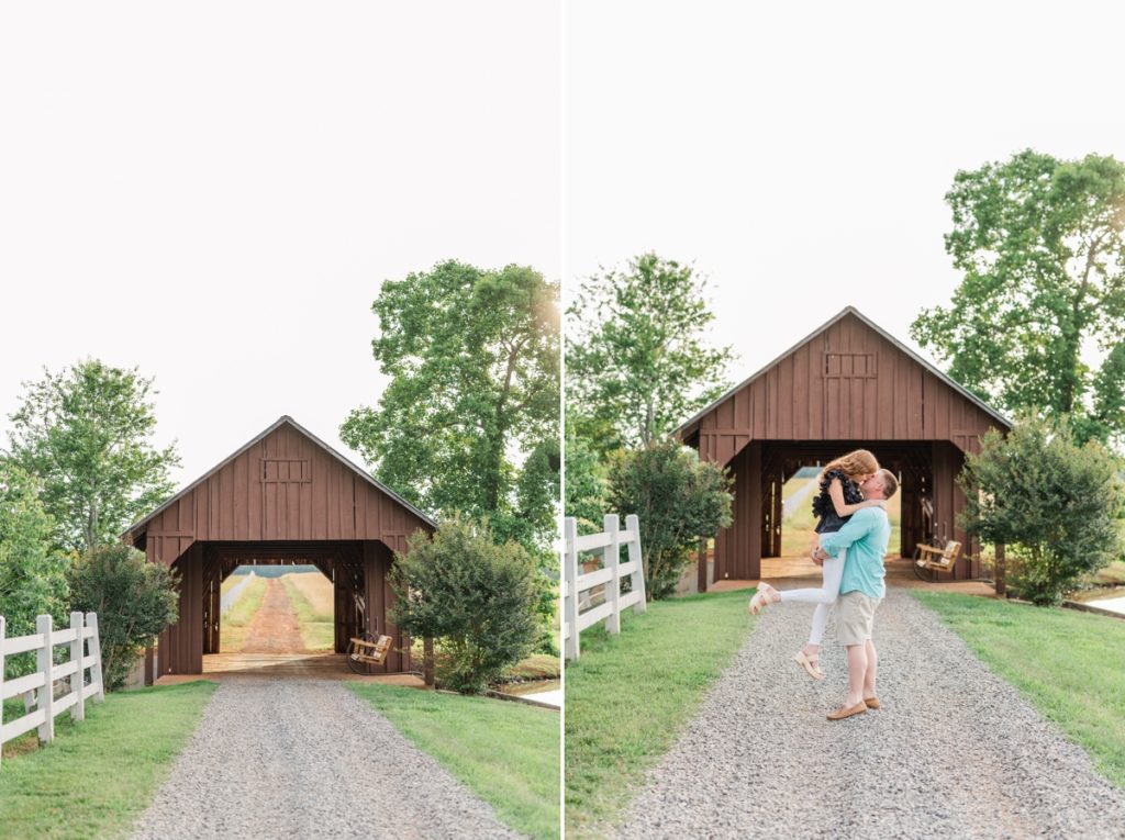 Collage of a detail photo of a brown barn covered roadway and a man picking up his fiance while they kiss in front of the barn.