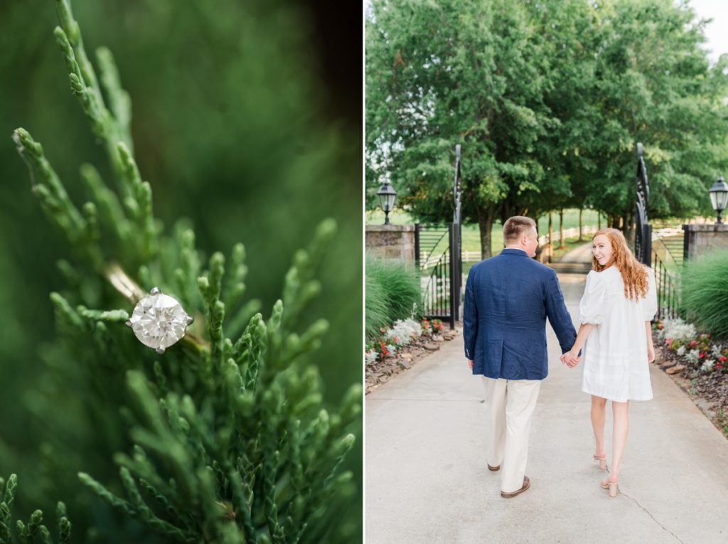 Collage of a detail photo of the bride's round, radiant cut engagement ring on a pine tree and the couple walking towards a gate at Adaumont Farm while the woman looks over her shoulder.