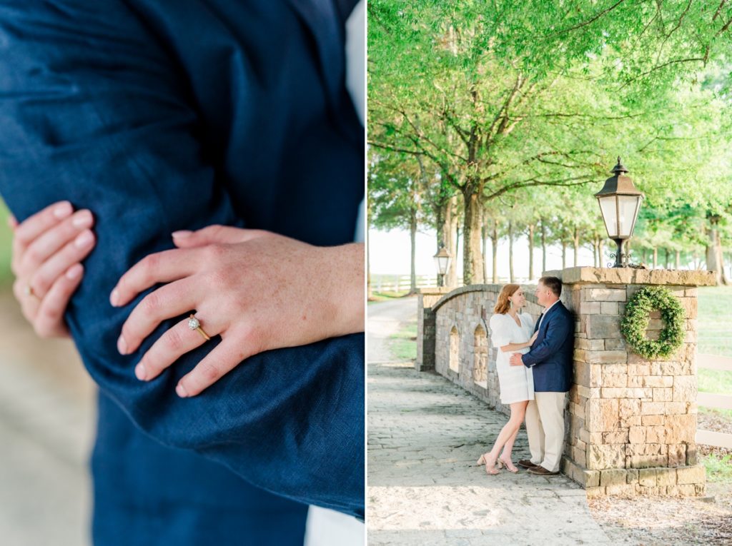 Collage of a detail photo of the woman hand and her engagement ring on her fiance's elbow and the couple standing close looking at each other and smiling at the entrance to the farm