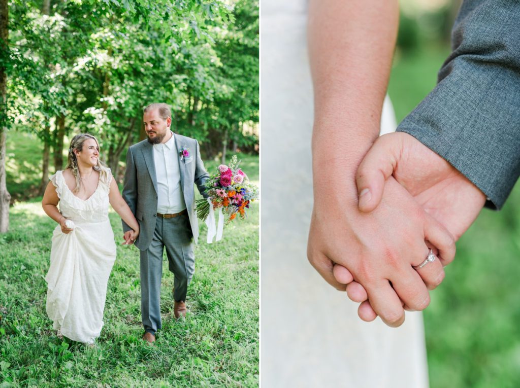 Collage of the bride and groom walking hand in hand through a field at Medaloni Cellars and a close up of the couple's hands.