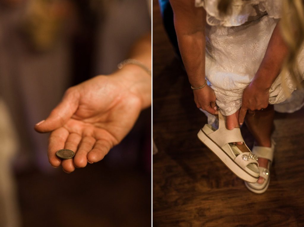 Collage of a woman holding a sixpence and the bride putting on her shoe with the sixpence in it.