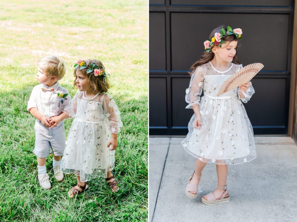 Collage of a flower girl and ring bearer holding hands in the grass and a flower girl fanning herself.