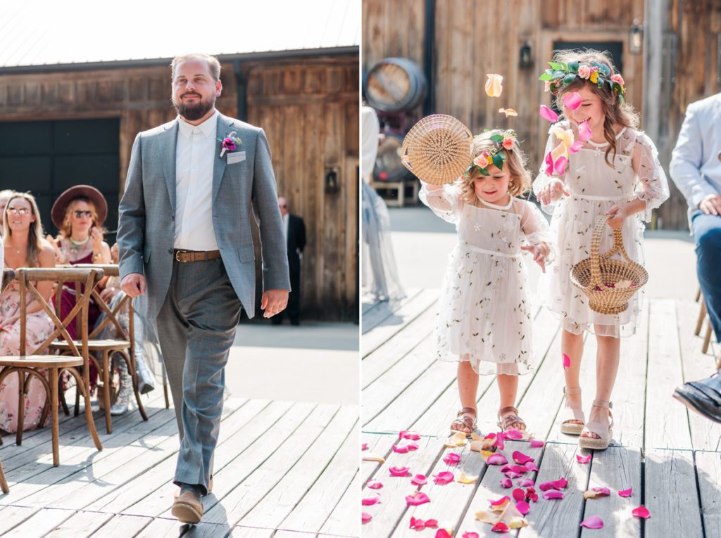 Collage of the groom walking down the aisle as the ceremony starts and the flower girls throwing petals as they go down the aisle.