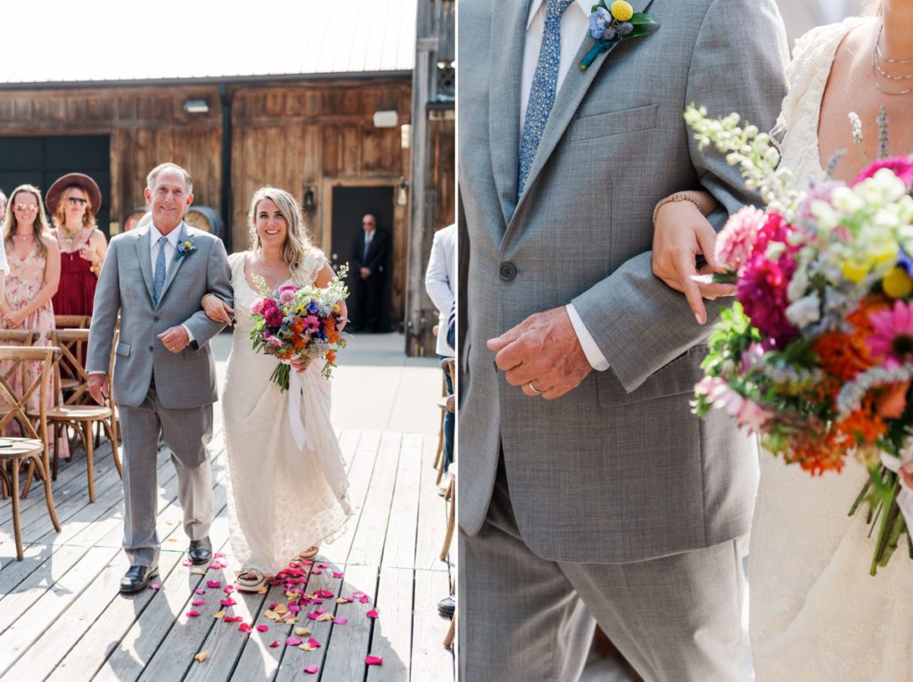 Collage of the bride and her dad walking down the aisle during the ceremony and a close up of the bride's hand on her dad's arm.