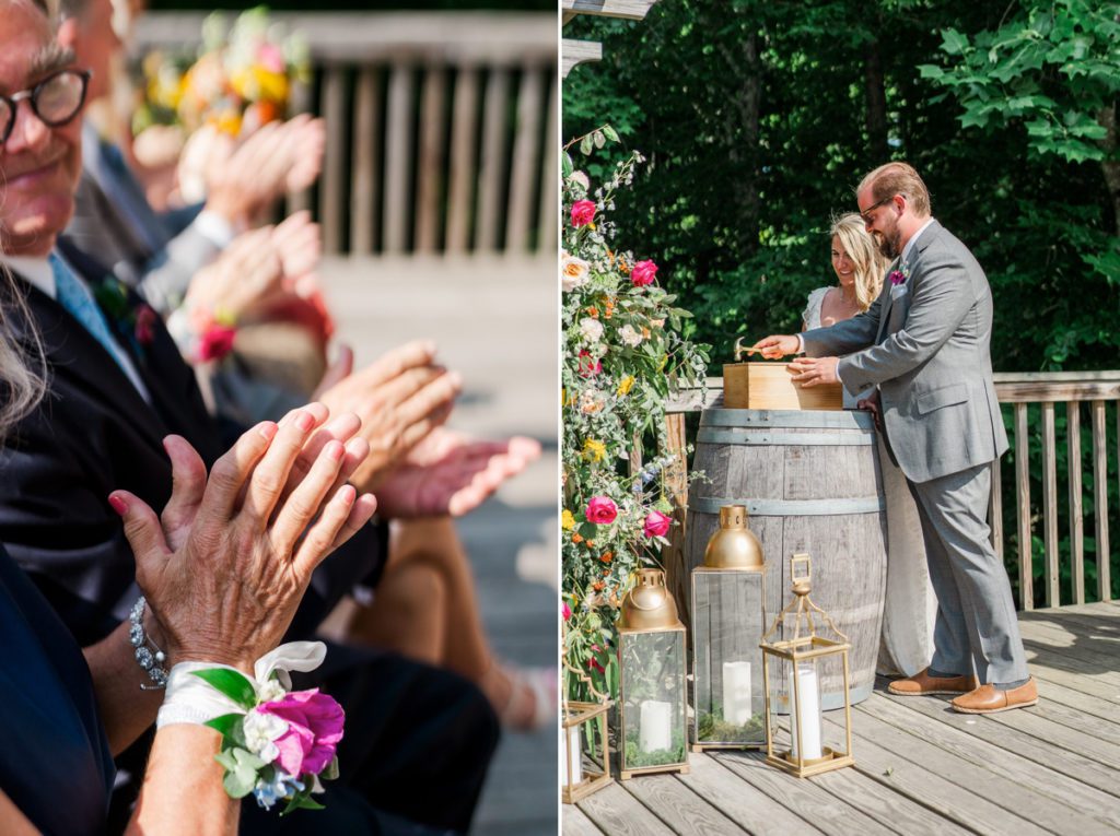 Collage of wedding guests clapping and the bride and groom nailing together a first fight box during their ceremony.