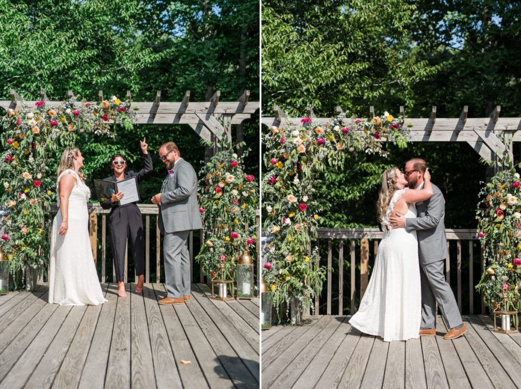 Collage of the bride and groom being announced husband and wife and their first married kiss.