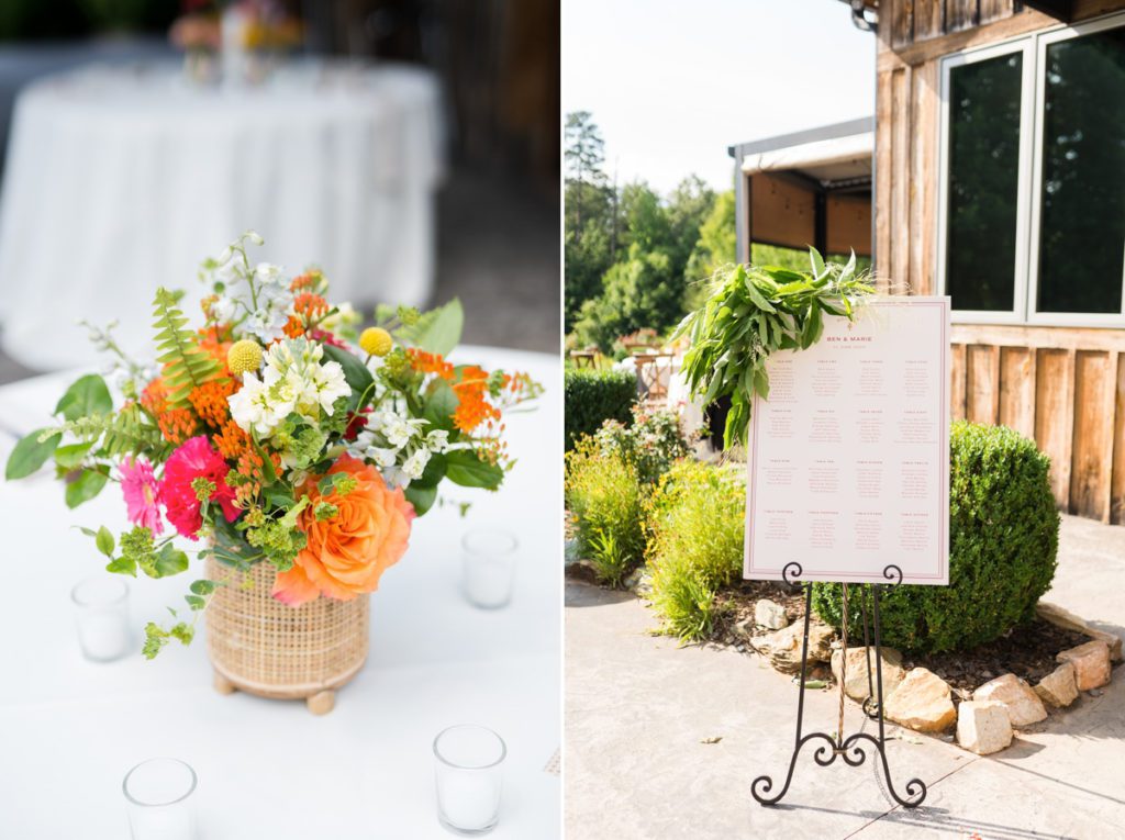 Collage of a detail photo of the colorful floral centerpieces and the seating chart for a wedding reception at Medaloni Cellars