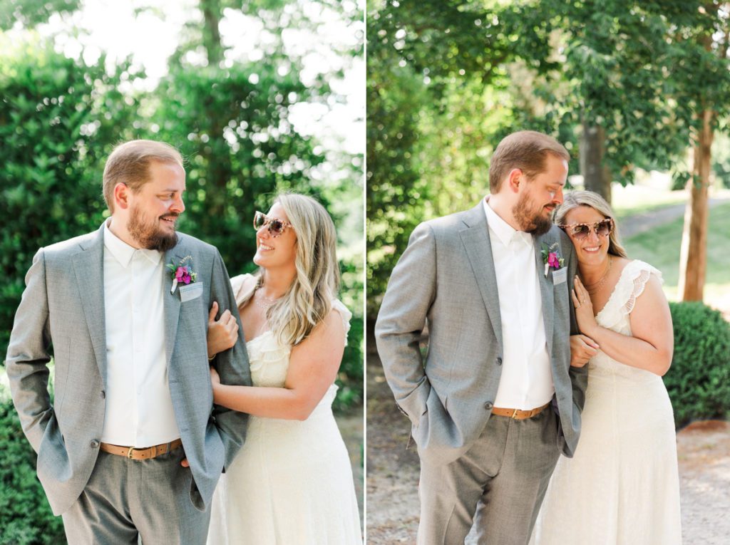 Collage of the bride and groom smiling at each other while the bride wears sunglasses.