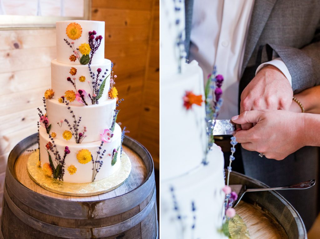Collage of the floral wedding cake and a close up of the bride and groom's hands as they cut their cake.