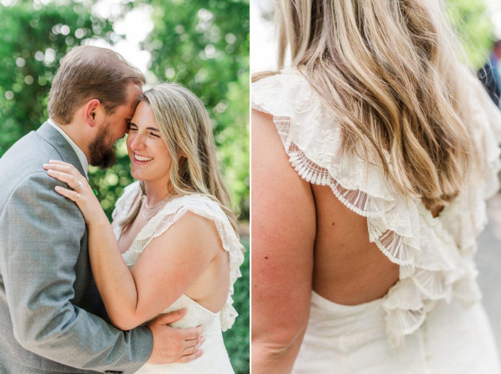Collage of the bride laughing as her groom whispers in her ear and a detail photo of the ruffles on the back of the bride's dress.