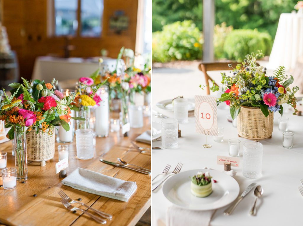 Collage of the centerpieces at Ben and Marie's vineyard wedding