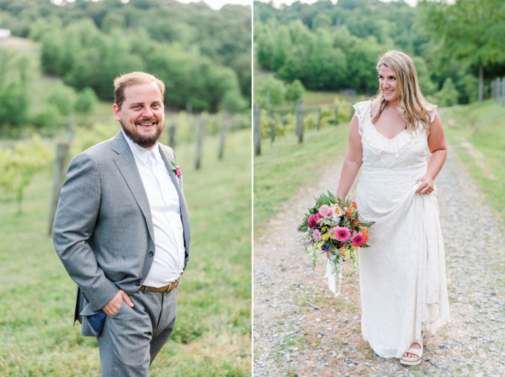Collage of the groom with his hands in his pockets smiling and the bride holding her dress and bouquet and smiling off camera.