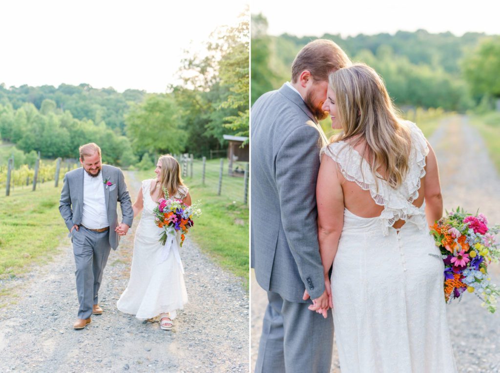 Collage of the bride and groom walking holding hands through a vineyard and the couple with their backs to the camera laughing at each other.