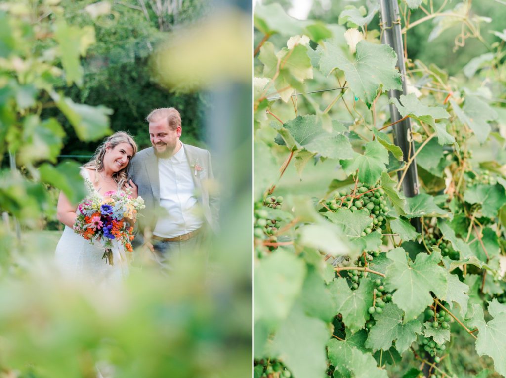 Collage of the bride with her head on the groom's shoulder smiling through a grape vine and a detail photo of the grape vines at Medaloni Cellars.