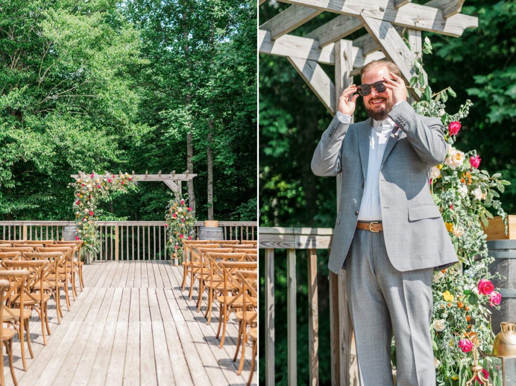 Collage of the colorful wedding altar and the hand carved chairs set up for the ceremony and the groom standing at the altar taking off his sunglasses.