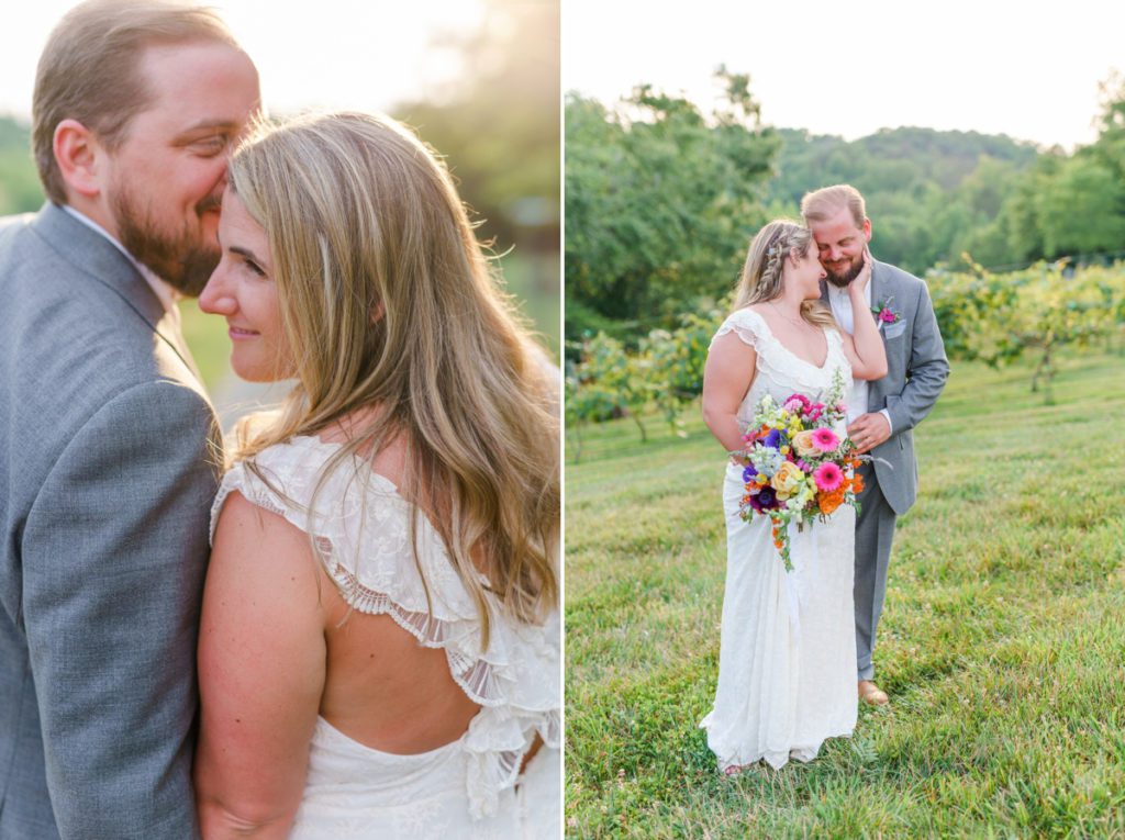 Collage of the groom kissing his bride on the temple while she smiles and the groom standing behind the bride while she snuggles into his chest.