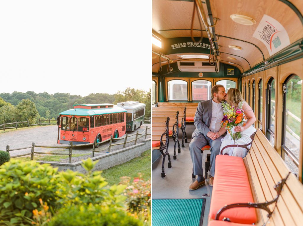 Collage of the trolley waiting at the wedding reception and the bride and groom kissing while sitting on the trolley.