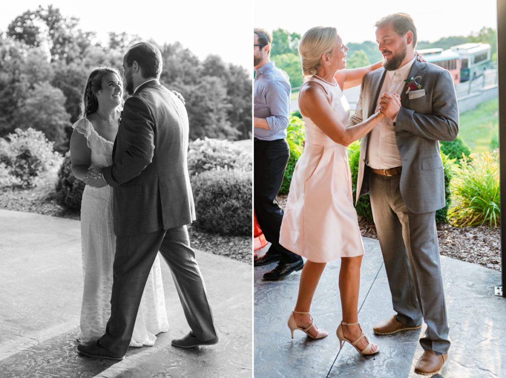 Collage of the bride and her groom dancing and the groom dancing with his mom.