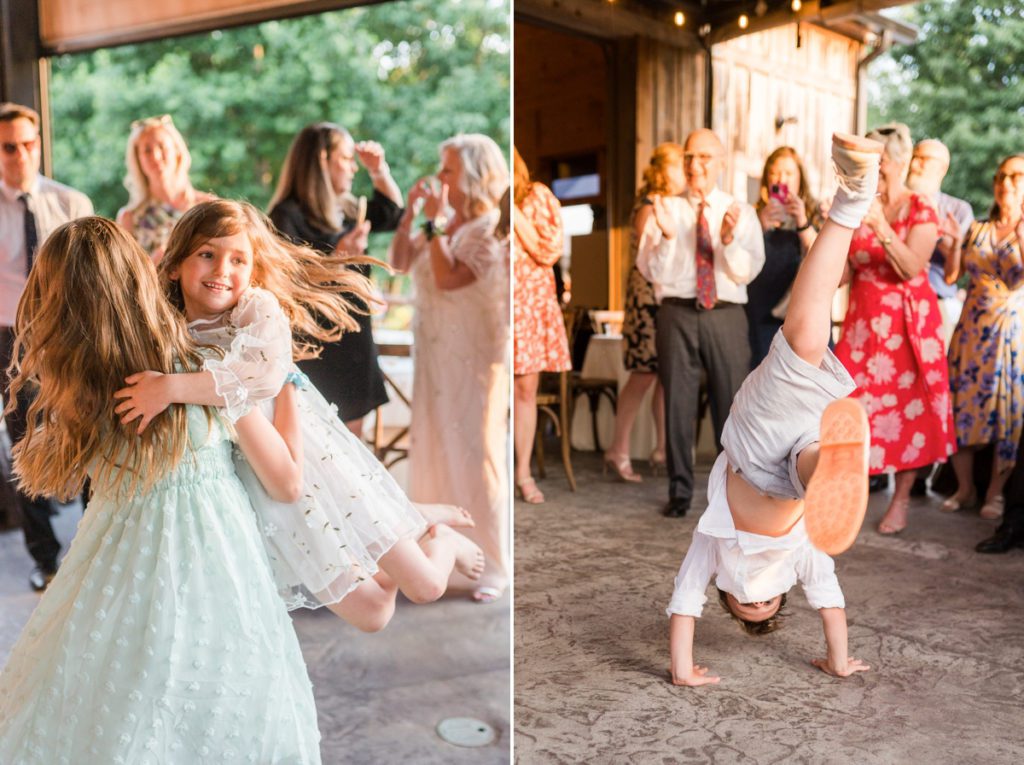 Collage of little girl swinging her friend during the wedding reception and a little boy break dancing.