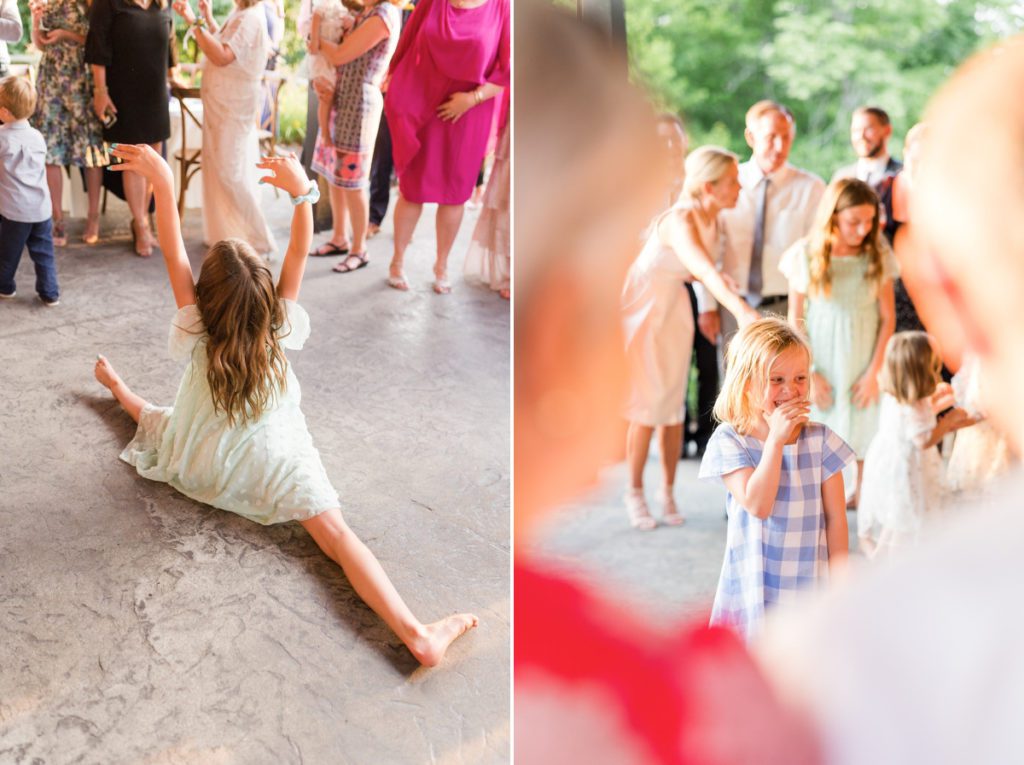 Collage of a little girl doing the splits and a little girl laughing shown through the shoulders of two guests.