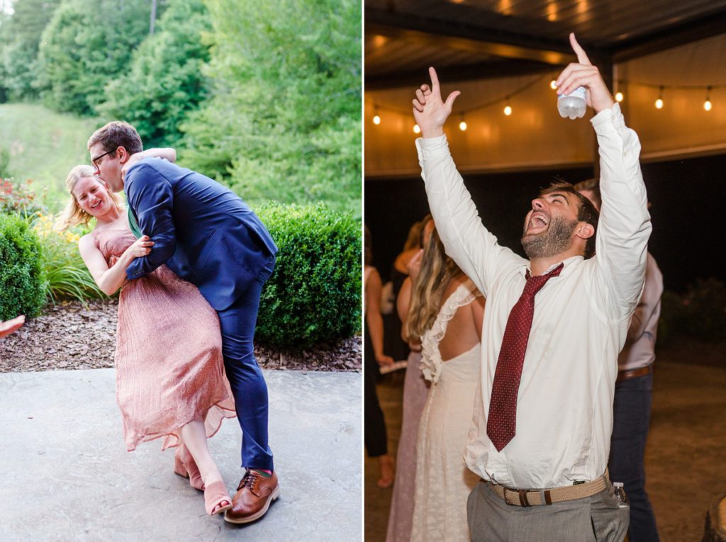 Collage of a man dipping his partner during the wedding reception and a man singing loud with his hands thrown in the air.