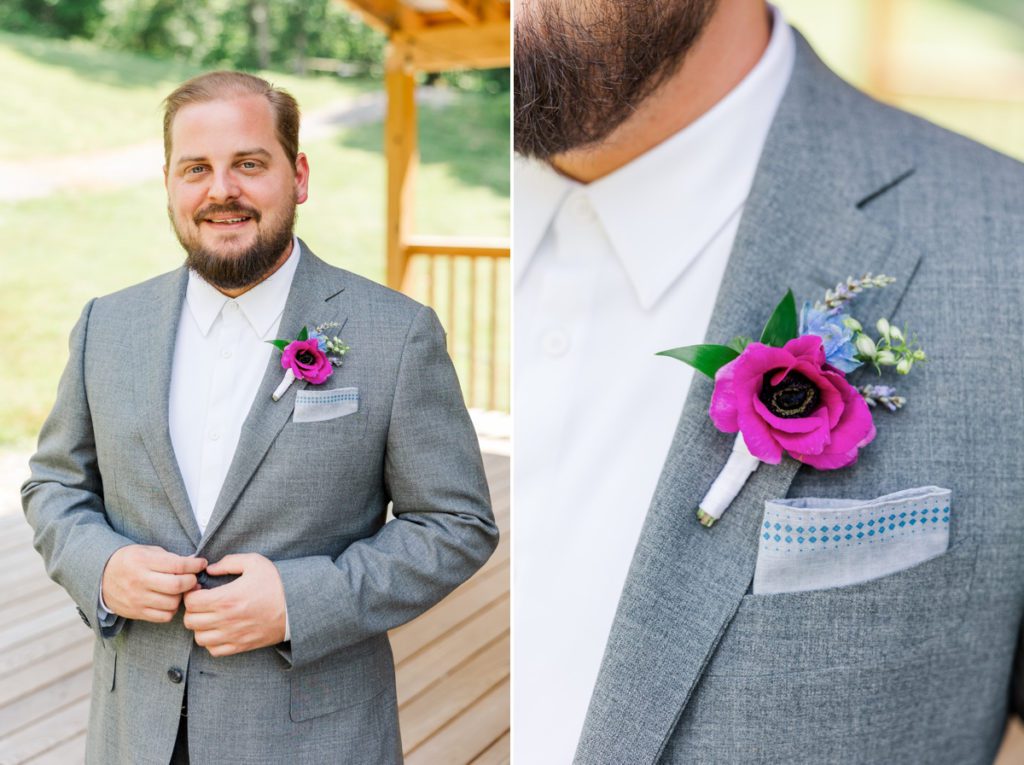 Collage of the groom smiling as he buttons his jacket and a close up of his wedding bouquet.