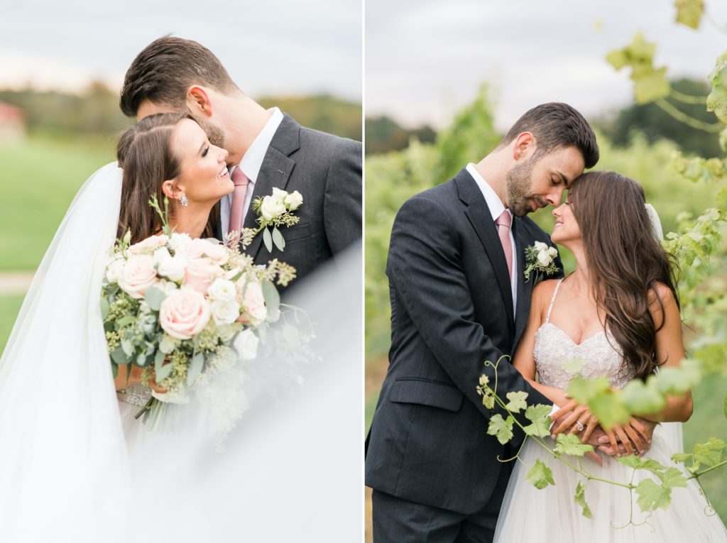 Collage of two couples nuzzling each other other their wedding day at a North Carolina Vineyard Wedding Venue - Childress Vineyards.