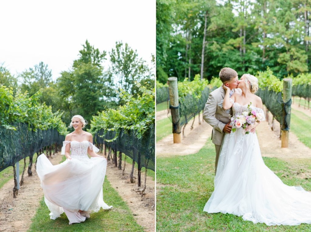 Collage of a bride running through the vines and the bride and groom kissing on their wedding day at Sunday Stroll wedding venue in Lexington, NC.