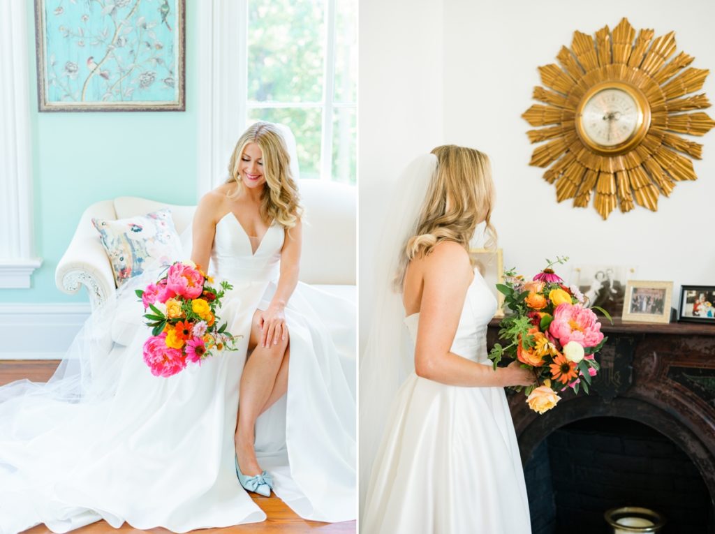 Collage of a bride in her wedding gown sitting on a white couch looking at her wedding bouquet and her looking up at an ornate gold clock at Merrimon Wynne House.