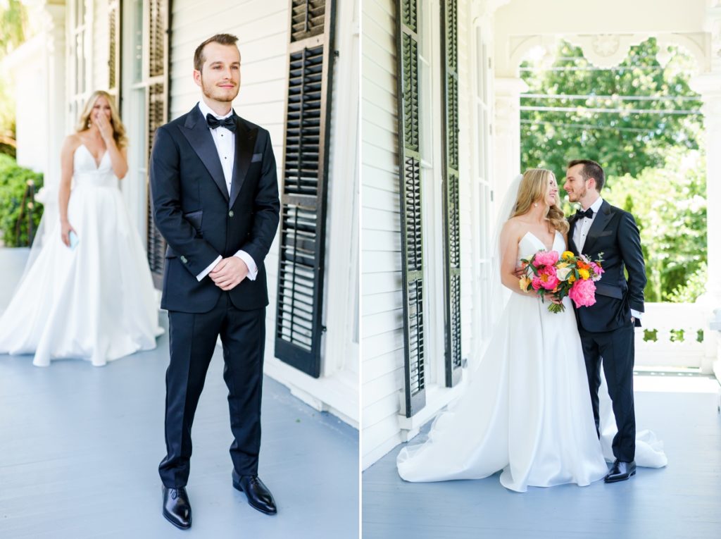 Collage of the bride excitedly looking at her groom before her first look and the bride and groom smiling at each other on the porch on their wedding day