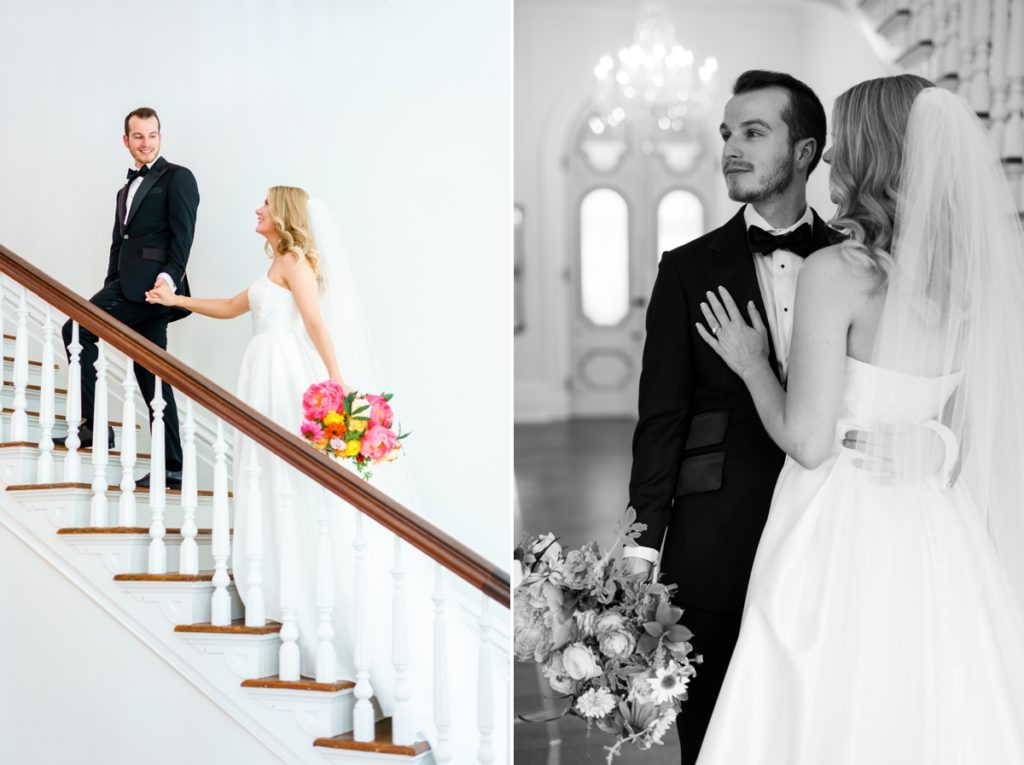 Collage of the groom leading his bride up the stairs of the Merrimon Wynne House and a black and white photo of the back of the bride while her groom looks off in the distance.