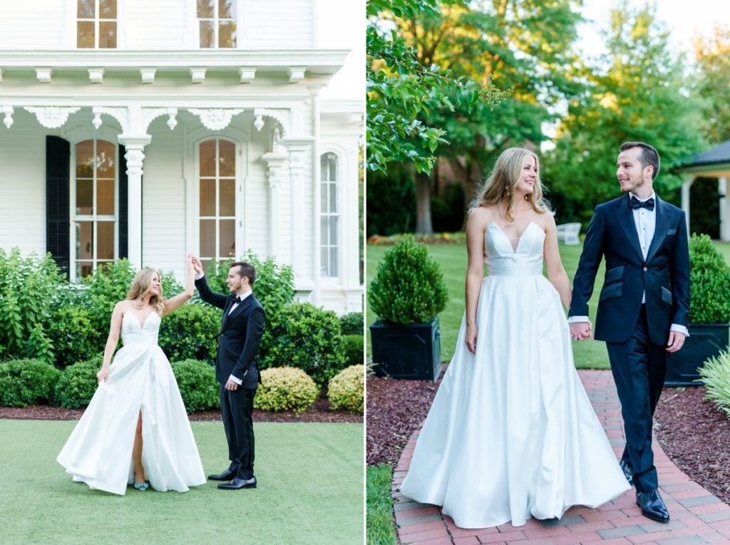 Collage of the groom spinning his bride on the lawn of the Merrimon Wynne House and the couple walking through the garden smiling at each other.