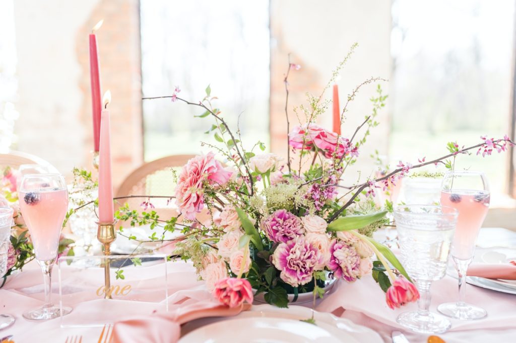 Detail photo of a pink floral centerpiece.