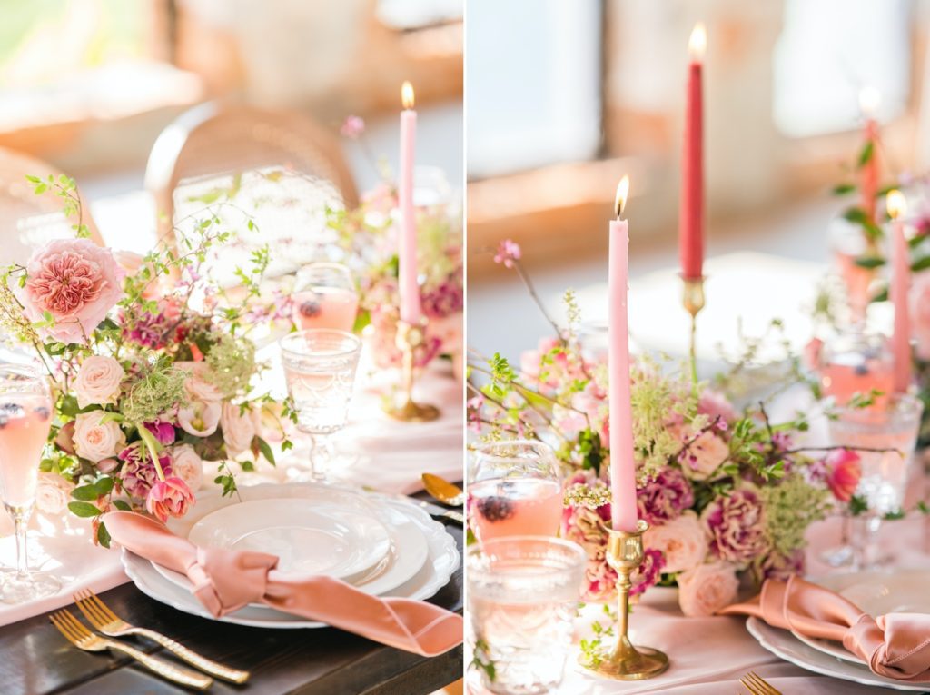 Collage of table detail photos for a pink styled wedding shoot at Providence Cotton Mill.