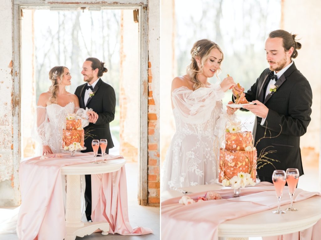 Collage of the bride and groom cutting their wedding cake and feeding it to each other.